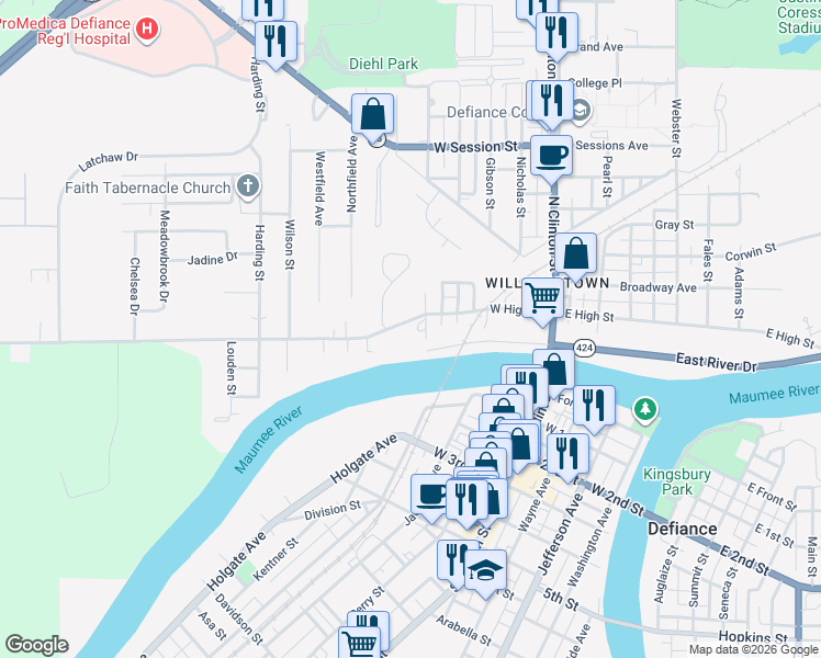map of restaurants, bars, coffee shops, grocery stores, and more near 601 West High Street in Defiance