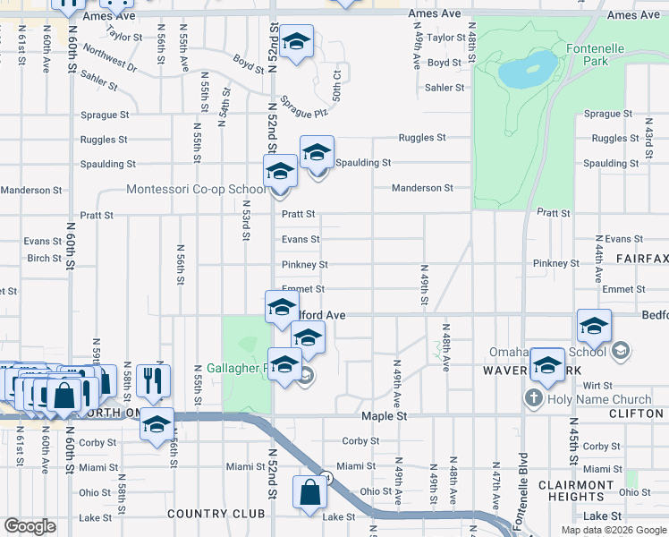 map of restaurants, bars, coffee shops, grocery stores, and more near 5039 Pinkney Street in Omaha