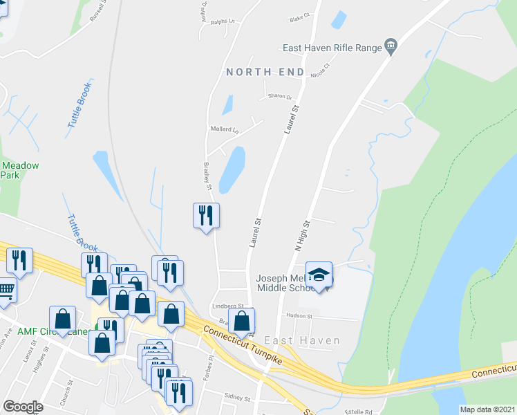 map of restaurants, bars, coffee shops, grocery stores, and more near 200 Laurel Street in East Haven