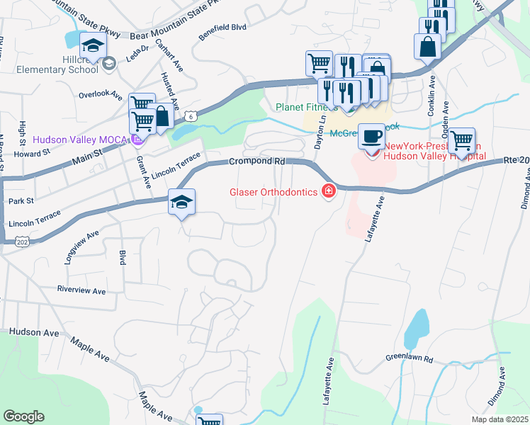 map of restaurants, bars, coffee shops, grocery stores, and more near 58 Villa Drive in Peekskill