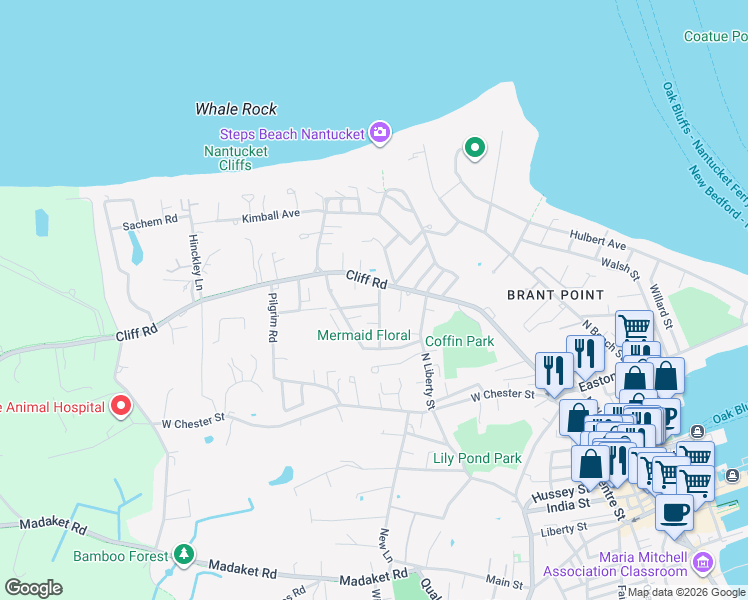 map of restaurants, bars, coffee shops, grocery stores, and more near 16 Delaney Road in Nantucket