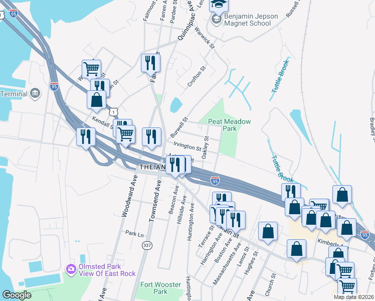 map of restaurants, bars, coffee shops, grocery stores, and more near 65 Irvington Street in New Haven