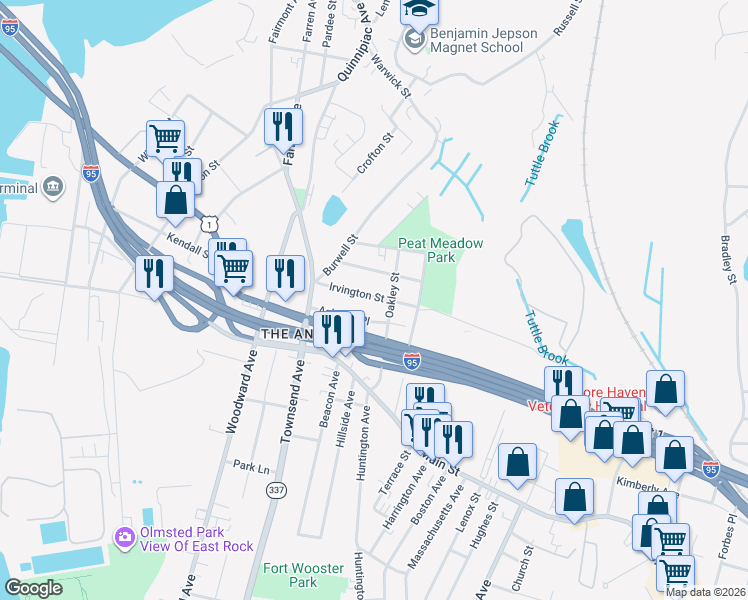 map of restaurants, bars, coffee shops, grocery stores, and more near 65 Irvington Street in New Haven
