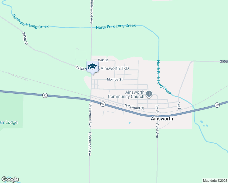 map of restaurants, bars, coffee shops, grocery stores, and more near 701-725 Lincoln Street in Ainsworth