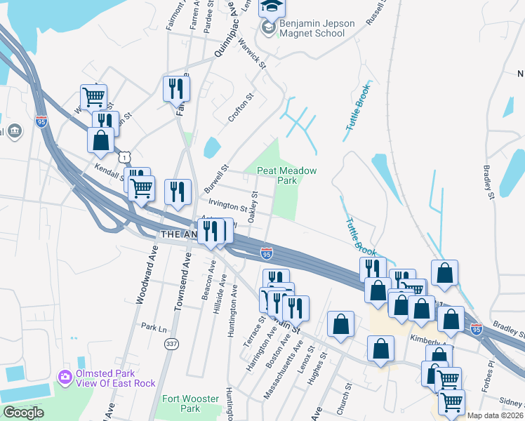 map of restaurants, bars, coffee shops, grocery stores, and more near 108 Irvington Street in New Haven