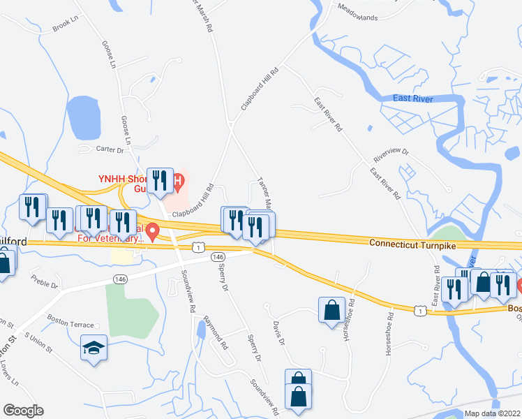map of restaurants, bars, coffee shops, grocery stores, and more near 78 Tanner Marsh Road in Guilford