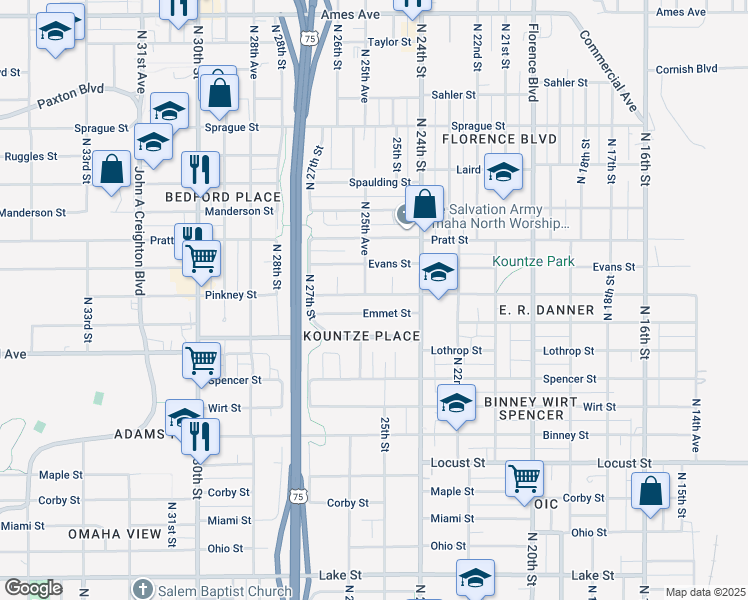 map of restaurants, bars, coffee shops, grocery stores, and more near 2447 Pinkney Street in Omaha