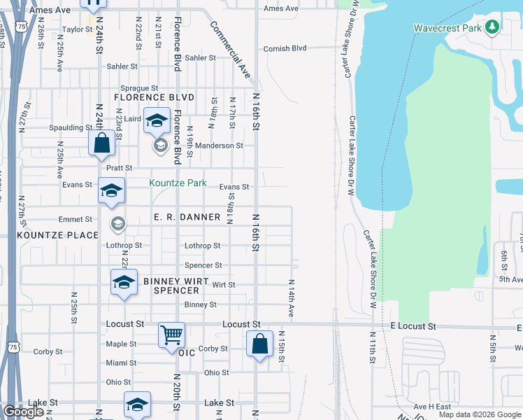 map of restaurants, bars, coffee shops, grocery stores, and more near 3419 North 16th Street in Omaha