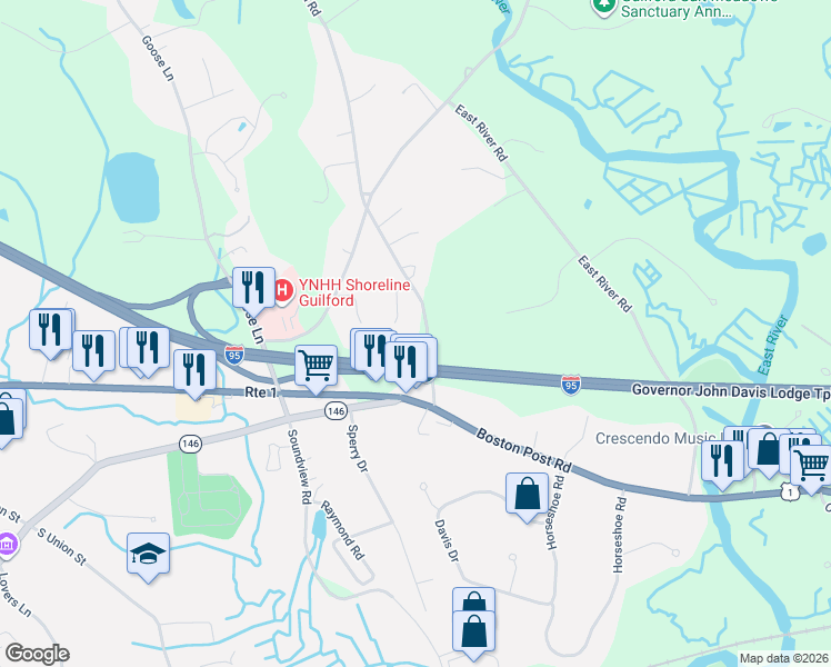 map of restaurants, bars, coffee shops, grocery stores, and more near 78 Tanner Marsh Road in Guilford