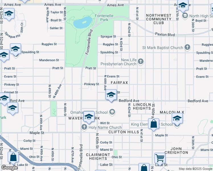 map of restaurants, bars, coffee shops, grocery stores, and more near 3423 North 44th Avenue in Omaha