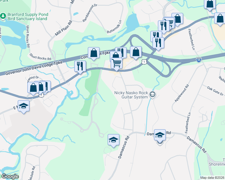 map of restaurants, bars, coffee shops, grocery stores, and more near 30 Cadwell Place in Branford