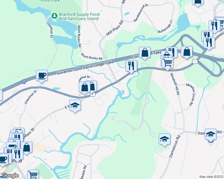 map of restaurants, bars, coffee shops, grocery stores, and more near 263R East Main Street in Branford
