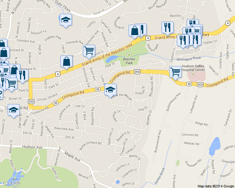 map of restaurants, bars, coffee shops, grocery stores, and more near 6310 Villa at the Woods in Peekskill