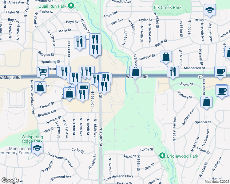 map of restaurants, bars, coffee shops, grocery stores, and more near 3525 North 167th Circle in Omaha
