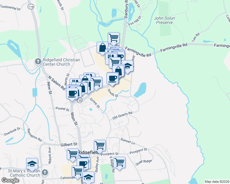 map of restaurants, bars, coffee shops, grocery stores, and more near 15 South Street in Ridgefield