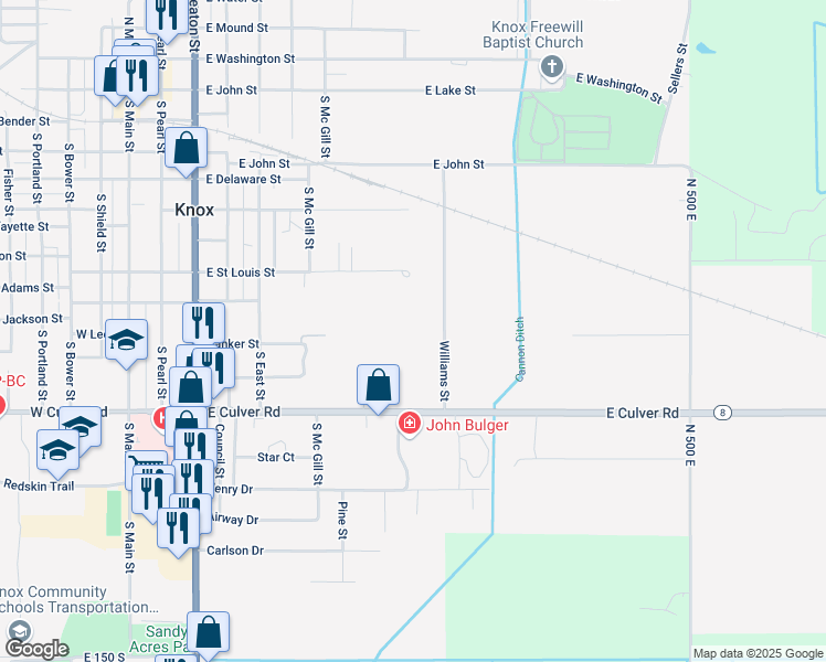 map of restaurants, bars, coffee shops, grocery stores, and more near 601 Williams Street in Knox