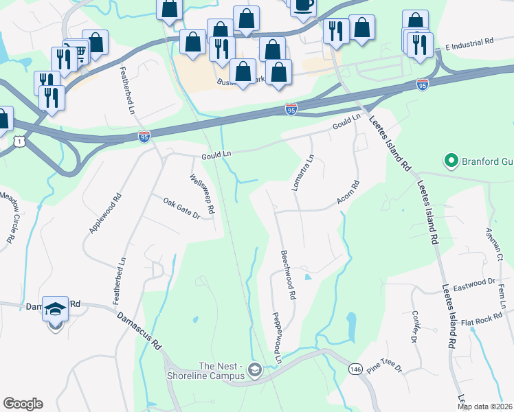 map of restaurants, bars, coffee shops, grocery stores, and more near 32 Beechwood Road in Branford