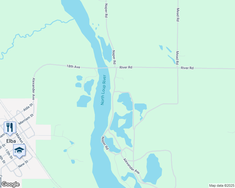 map of restaurants, bars, coffee shops, grocery stores, and more near 1493 Alexander Avenue in Elba