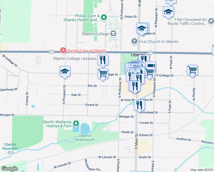 map of restaurants, bars, coffee shops, grocery stores, and more near 132 Elm Street in Oberlin