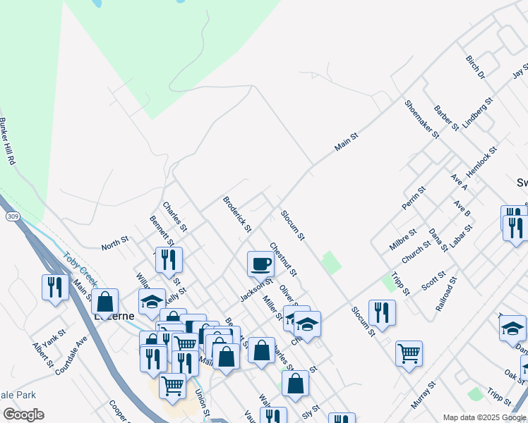 map of restaurants, bars, coffee shops, grocery stores, and more near 368 Main Street in Swoyersville