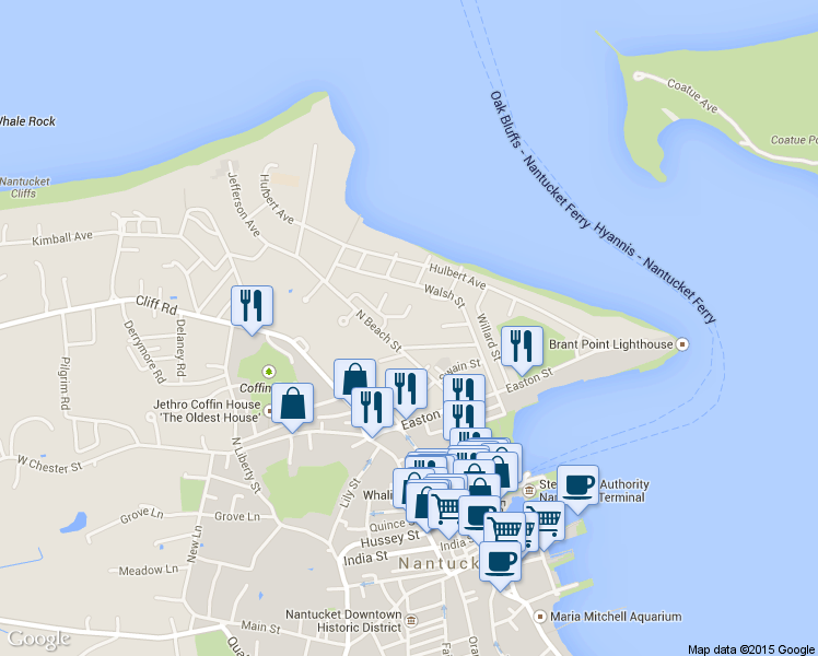 map of restaurants, bars, coffee shops, grocery stores, and more near 22 Brant Point Road in Nantucket