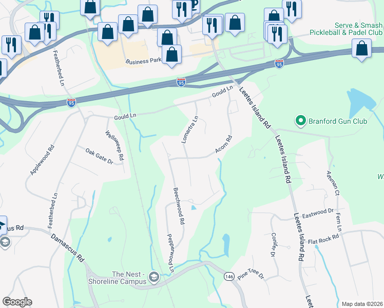 map of restaurants, bars, coffee shops, grocery stores, and more near 50 Acorn Road in Branford