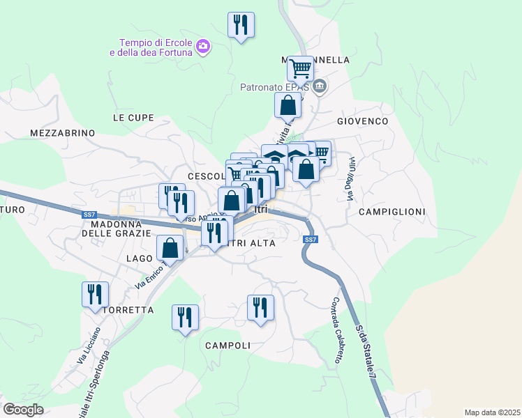 map of restaurants, bars, coffee shops, grocery stores, and more near 11A Strada Statale 7 Via Appia in Itri