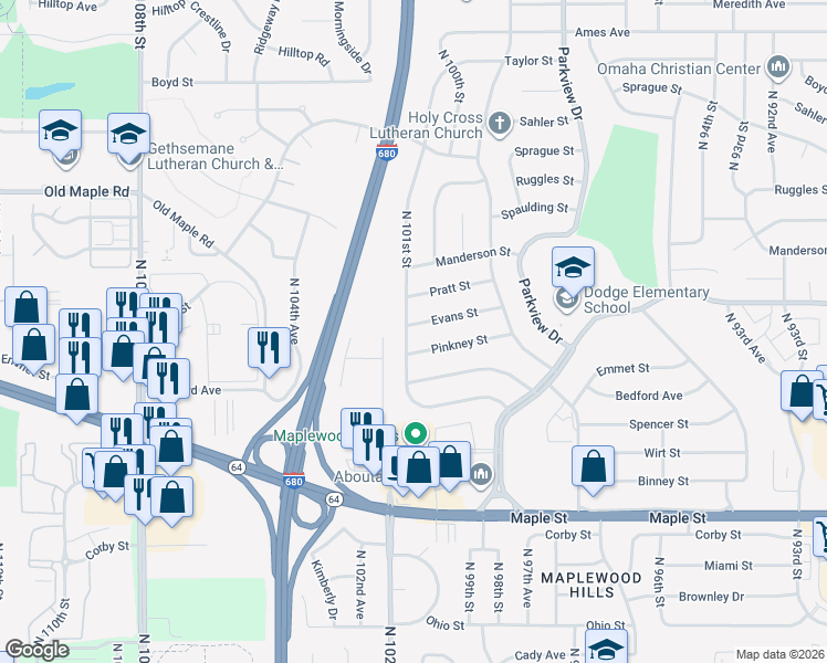 map of restaurants, bars, coffee shops, grocery stores, and more near 10011 Evans Street in Omaha