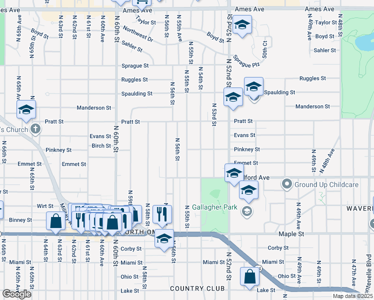 map of restaurants, bars, coffee shops, grocery stores, and more near 3499 North 55th Street in Omaha