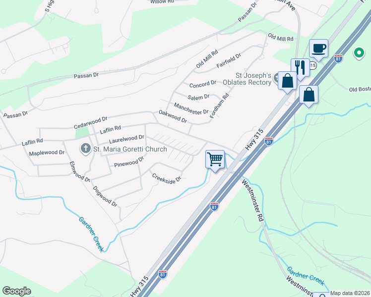 map of restaurants, bars, coffee shops, grocery stores, and more near 119 Haverford Drive in Wilkes-Barre