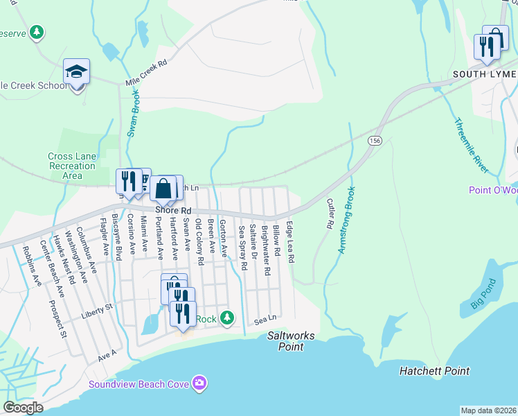 map of restaurants, bars, coffee shops, grocery stores, and more near 308 Brightwater Road in Old Lyme
