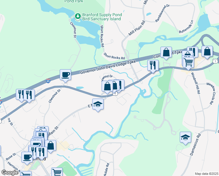 map of restaurants, bars, coffee shops, grocery stores, and more near 87 Manorwood Drive in Branford