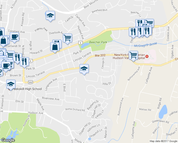 map of restaurants, bars, coffee shops, grocery stores, and more near 6310 Villa at the Woods in Peekskill