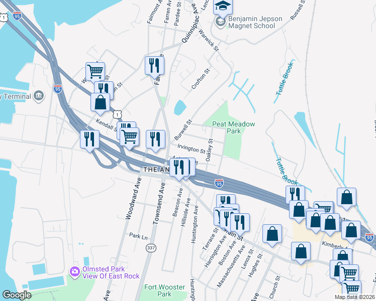 map of restaurants, bars, coffee shops, grocery stores, and more near 29 Irvington Street in New Haven