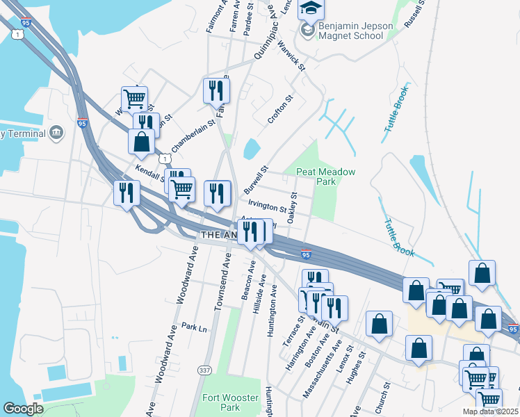 map of restaurants, bars, coffee shops, grocery stores, and more near 29 Irvington Street in New Haven