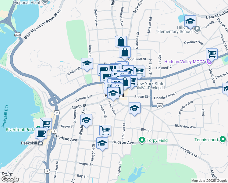 map of restaurants, bars, coffee shops, grocery stores, and more near in Peekskill