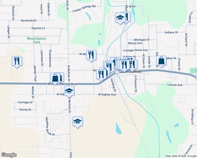 map of restaurants, bars, coffee shops, grocery stores, and more near 148 W Commercial Ave in Lowell