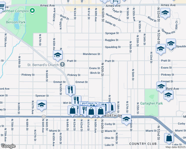 map of restaurants, bars, coffee shops, grocery stores, and more near 6017 Birch Street in Omaha