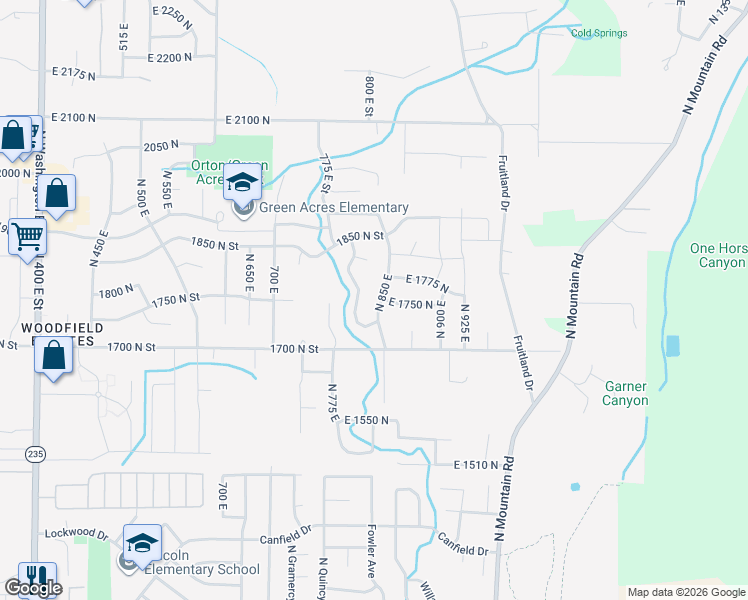 map of restaurants, bars, coffee shops, grocery stores, and more near 1745 North 850 East in Ogden