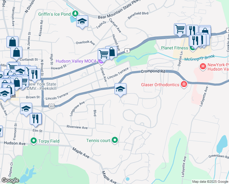 map of restaurants, bars, coffee shops, grocery stores, and more near 1532 East Boulevard in Peekskill