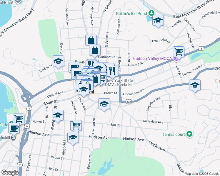map of restaurants, bars, coffee shops, grocery stores, and more near 201 South James Street in Peekskill