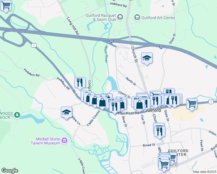 map of restaurants, bars, coffee shops, grocery stores, and more near 57 Mill Road in Guilford