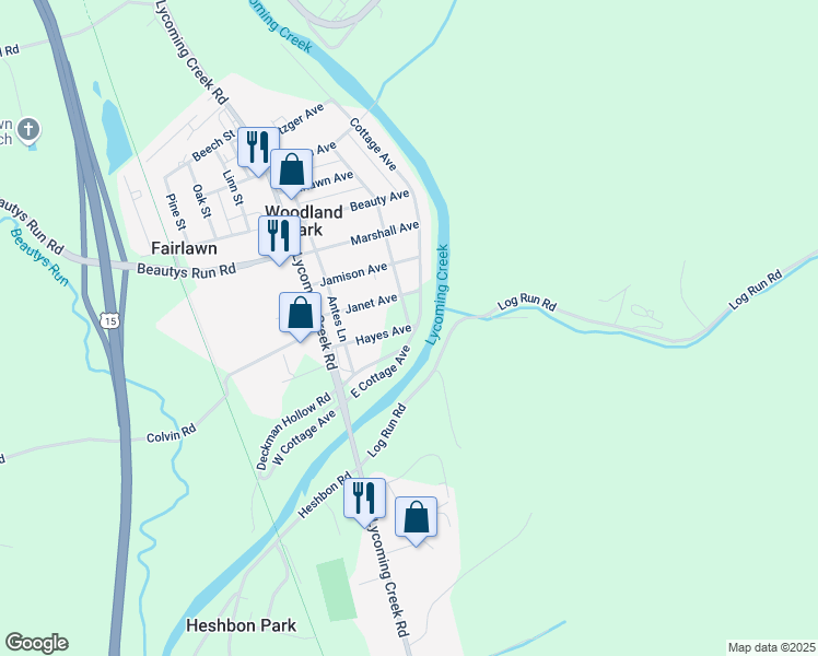 map of restaurants, bars, coffee shops, grocery stores, and more near 1825 Hayes Avenue in Williamsport