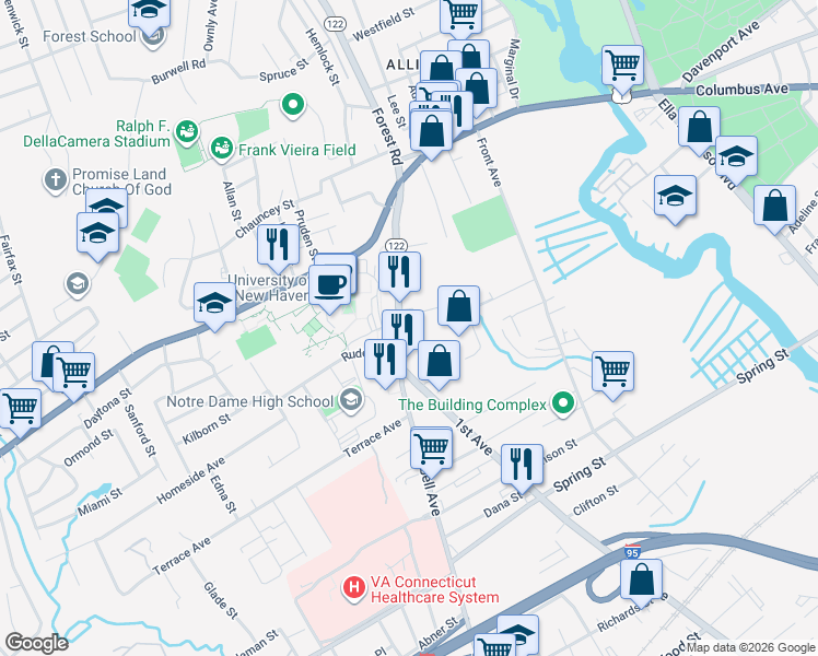map of restaurants, bars, coffee shops, grocery stores, and more near 1139 Campbell Avenue in West Haven