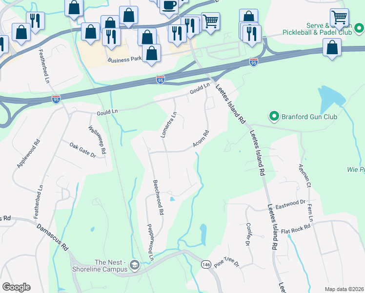 map of restaurants, bars, coffee shops, grocery stores, and more near 46 Acorn Road in Branford