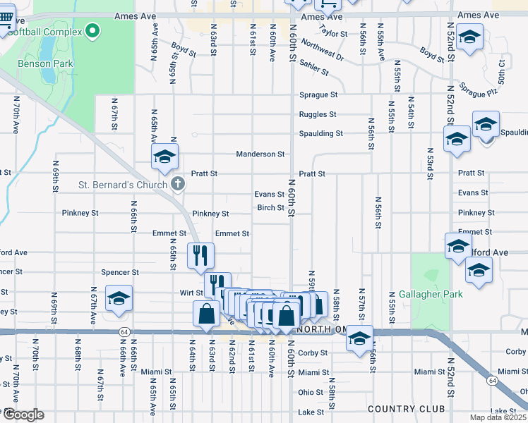 map of restaurants, bars, coffee shops, grocery stores, and more near 6017 Birch Street in Omaha