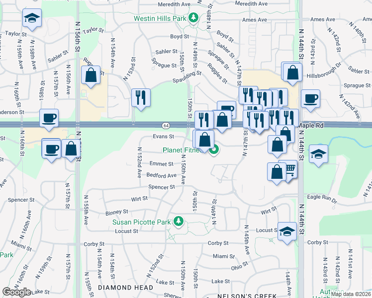map of restaurants, bars, coffee shops, grocery stores, and more near 3509 North 150th Avenue in Omaha
