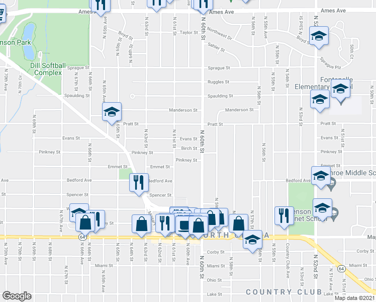 map of restaurants, bars, coffee shops, grocery stores, and more near 6017 Birch Street in Omaha