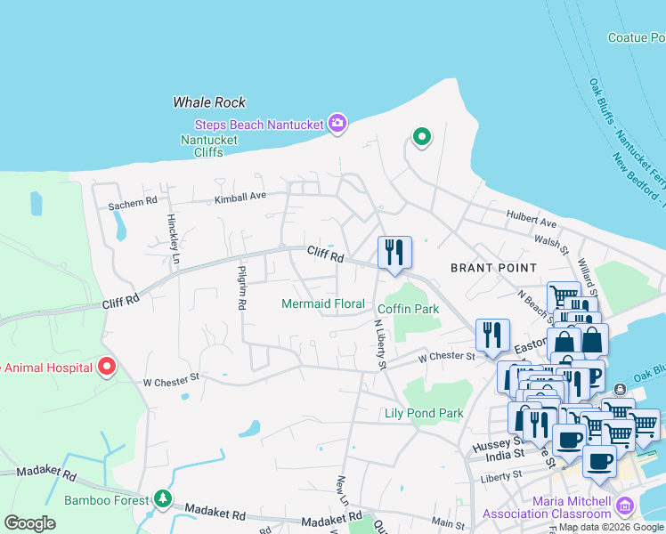 map of restaurants, bars, coffee shops, grocery stores, and more near 16 Delaney Road in Nantucket