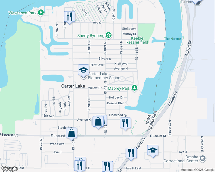 map of restaurants, bars, coffee shops, grocery stores, and more near 3701 North 13th Street in Carter Lake